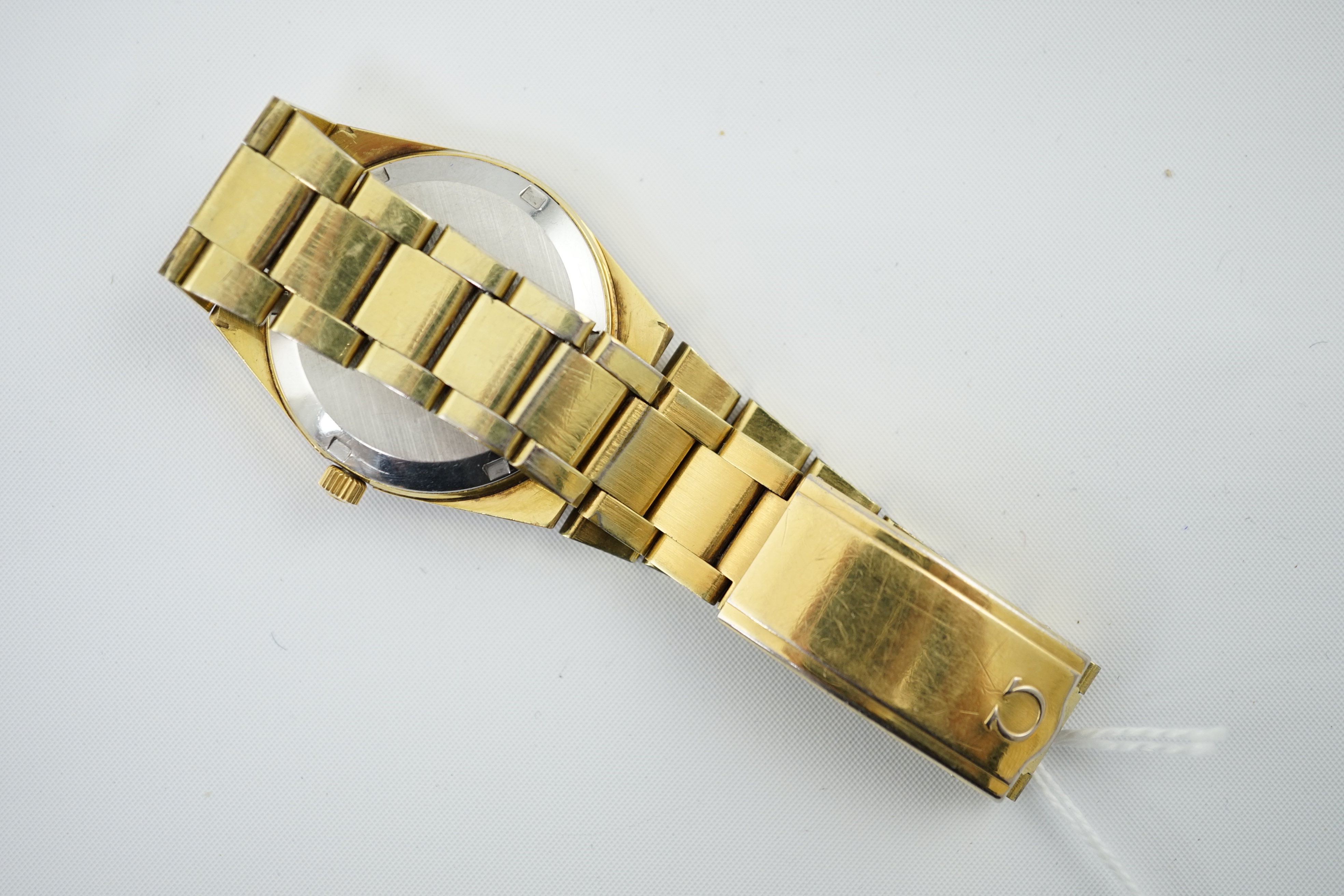 A gentleman's 1980's steel and gold plated Omega Day Date automatic wrist watch, on a steel and gold plated Omega bracelet